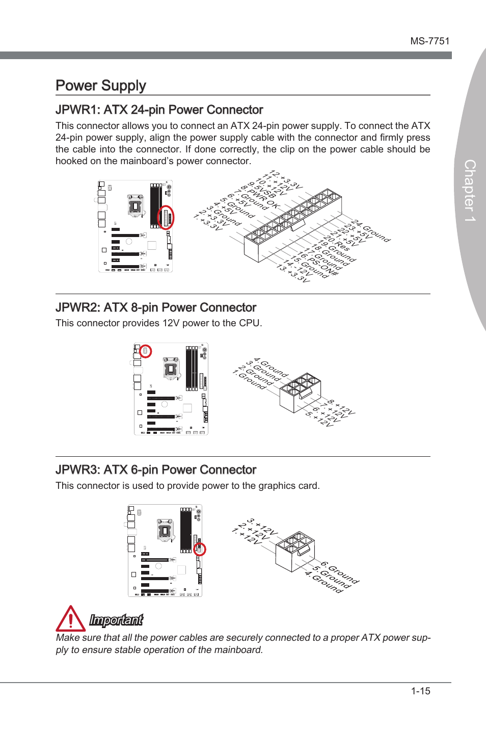 Power supply -15, Jpwr1, Atx 24-pn power connector | Jpwr2, Atx 8-pn power connector, Jpwr3, Atx 6-pn power connector, Chapter 1 power supply, Jpwr1: atx 24-pn power connector, Jpwr2: atx 8-pn power connector | MSI Z77 MPOWER User Manual | Page 27 / 100