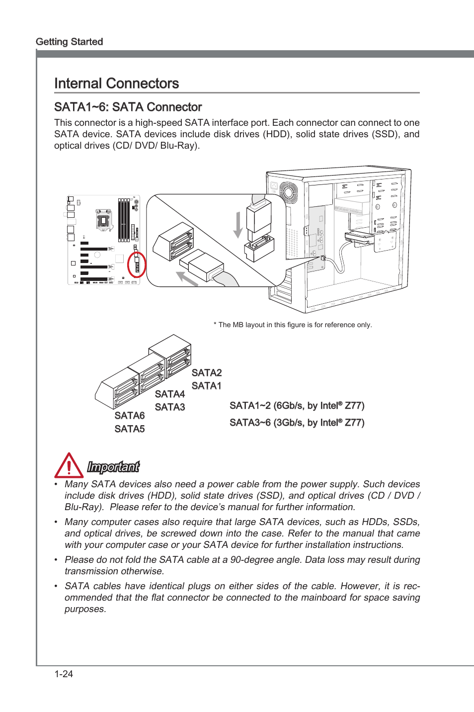 Internal connectors -24, Internal connectors, Sata1~6: sata connector | Important | MSI Z77 MPOWER User Manual | Page 36 / 100