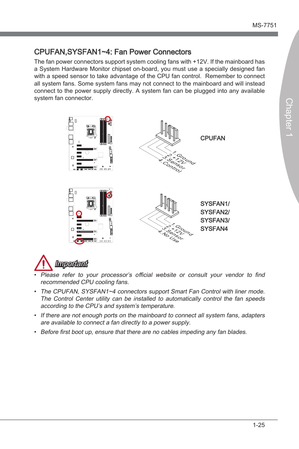 Chapter 1, Cpufan,sysfan1~4: fan power connectors, Important | MSI Z77 MPOWER User Manual | Page 37 / 100