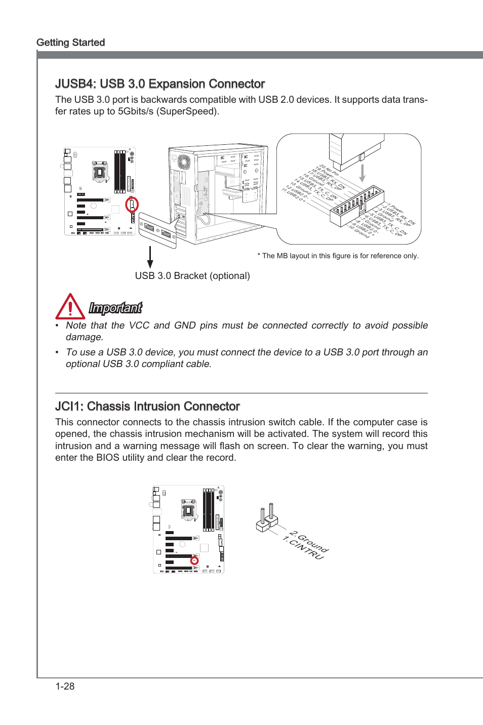 Jci1, Chasss intruson connector, Jusb4 | Usb 3.0 expanson connector, Jusb4: usb 3.0 expanson connector, Important, Jci1: chasss intruson connector, 28 gettng started, Usb 3.0 bracket (optonal), Cin tru 2.gro und | MSI Z77 MPOWER User Manual | Page 40 / 100