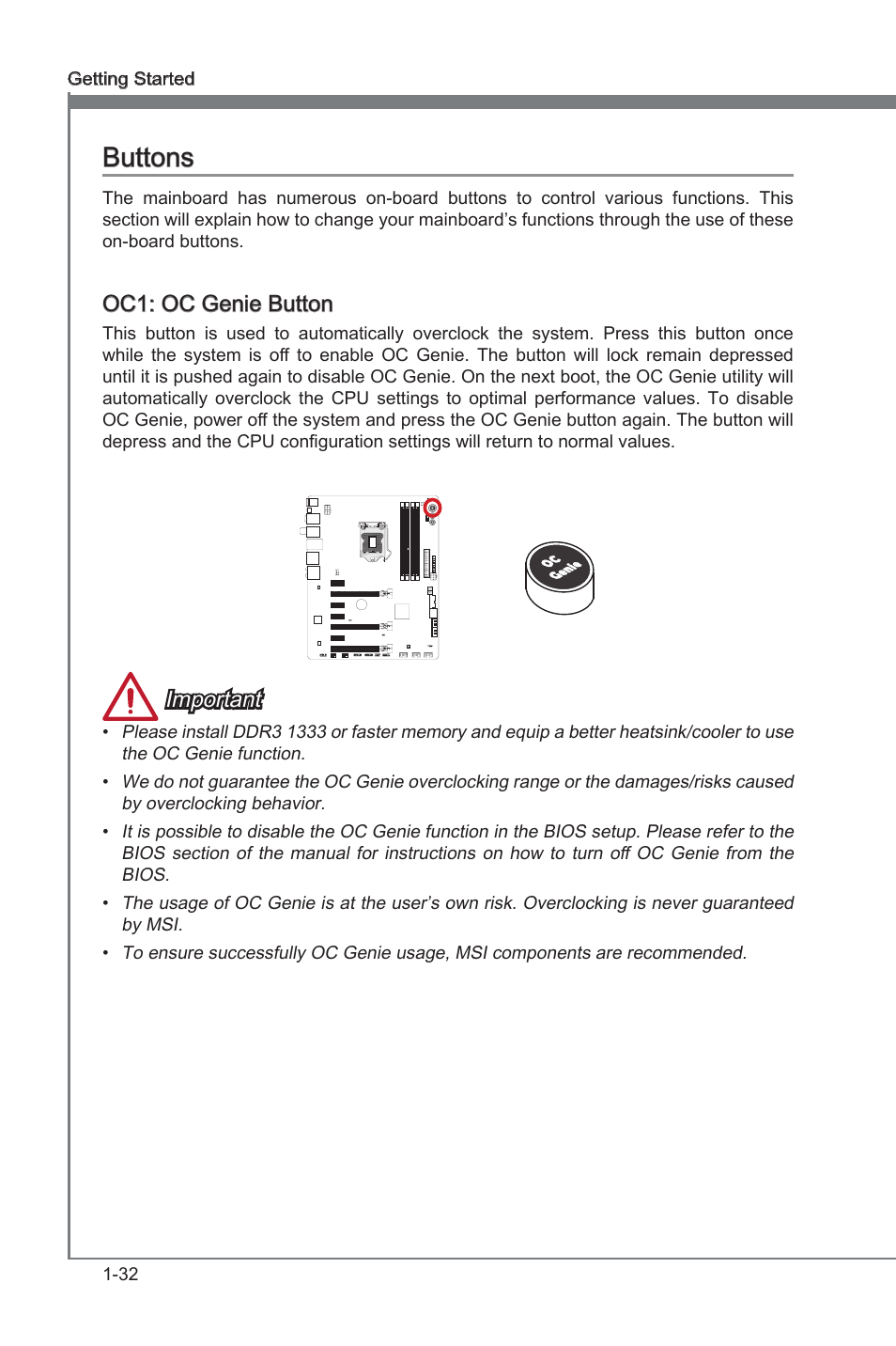 Buttons -32, Oc gene button, Buttons | Oc1: oc gene button, Important | MSI Z77 MPOWER User Manual | Page 44 / 100