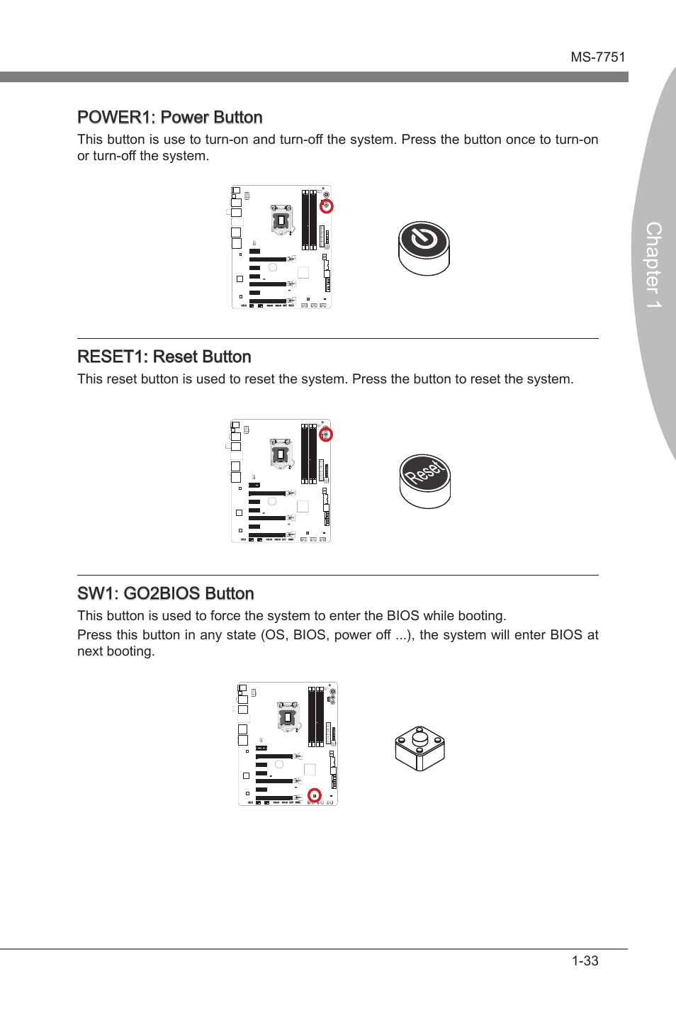 Power1, Power button, Reset1 | Reset button, Go2bios button, Chapter 1 | MSI Z77 MPOWER User Manual | Page 45 / 100