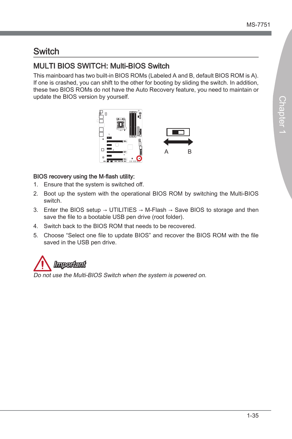 Swtch -35, Multi bios switch, Mult-bios swtch | Chapter 1 swtch, Multi bios switch: mult-bios swtch, Important | MSI Z77 MPOWER User Manual | Page 47 / 100