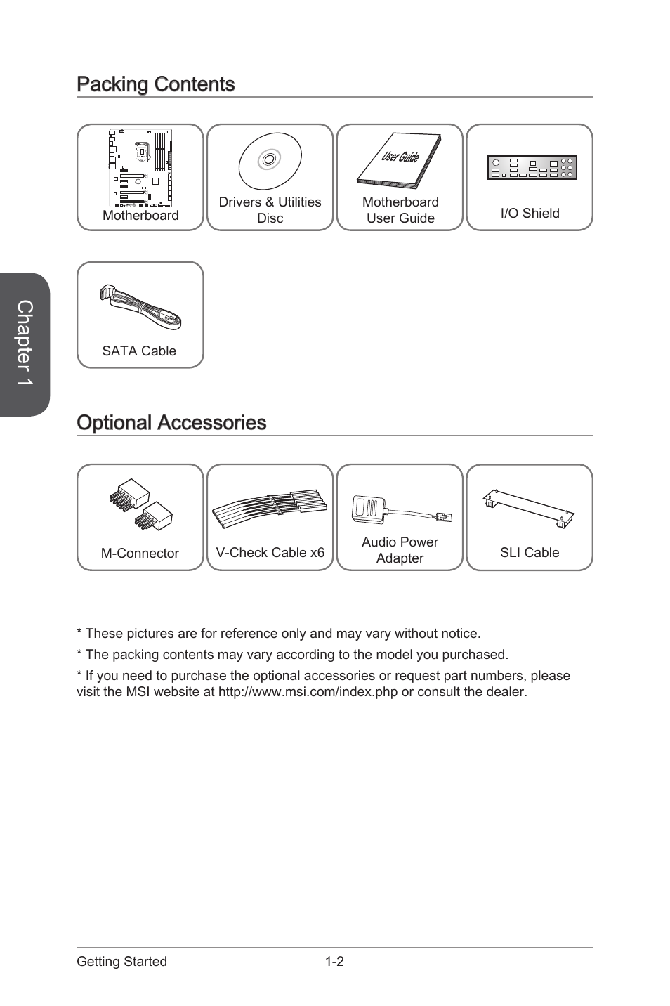 Packing contents -2 optional accessories -2, Chapter 1, Packing contents | Optional accessories | MSI Z97 GAMING 7 AC Manual User Manual | Page 16 / 114