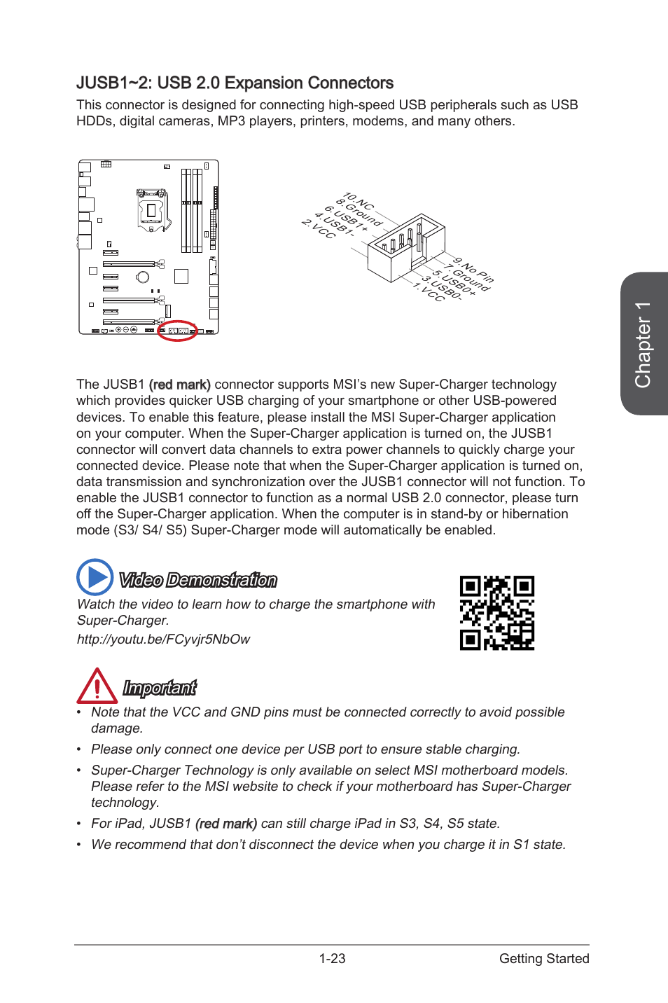 Jusb1~2: usb 2.0 expansion connectors -23, Jusb1~2, Usb 2.0 expansion connectors | Chapter 1, Jusb1~2: usb 2.0 expansion connectors, Video demonstration, Important | MSI Z97 GAMING 7 AC Manual User Manual | Page 37 / 114