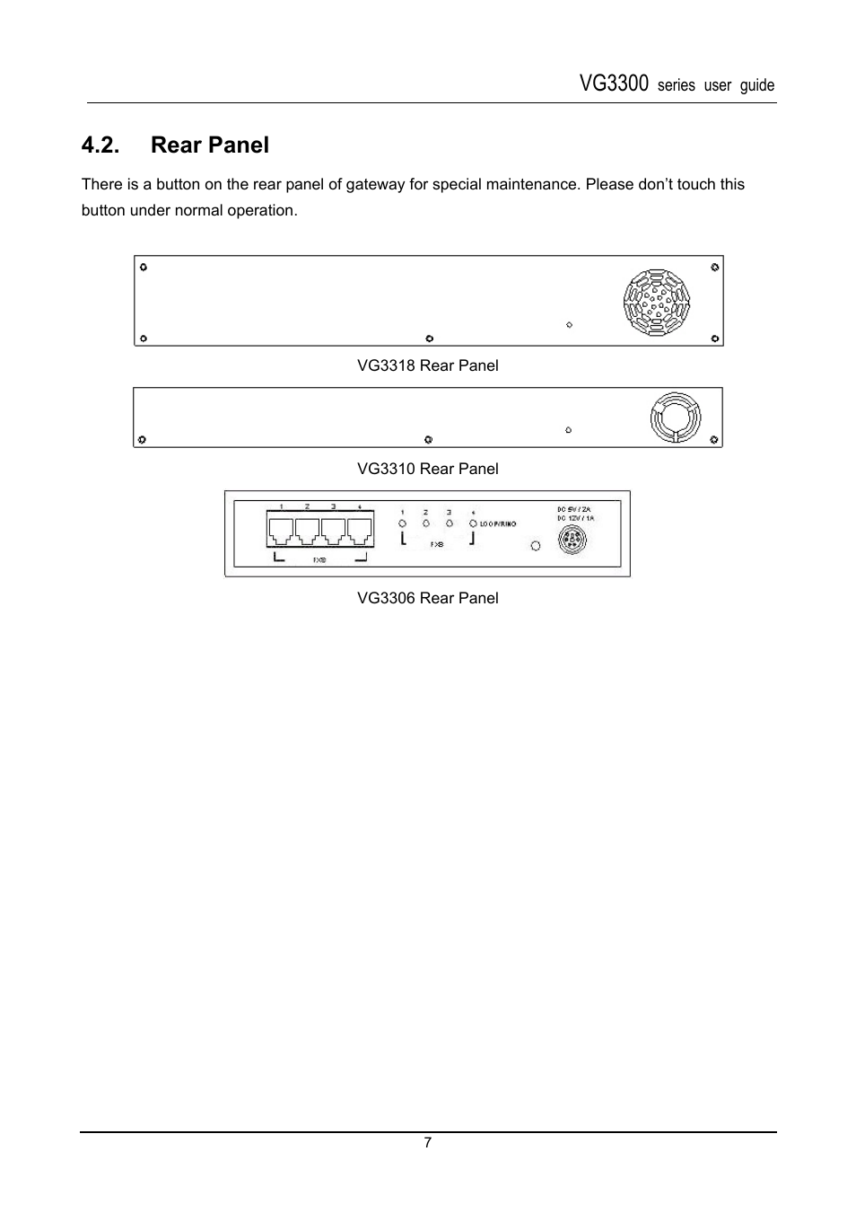 Rear panel, Vg3300 | Accton Technology SIP Gateway VG3300 Series User Manual | Page 10 / 85