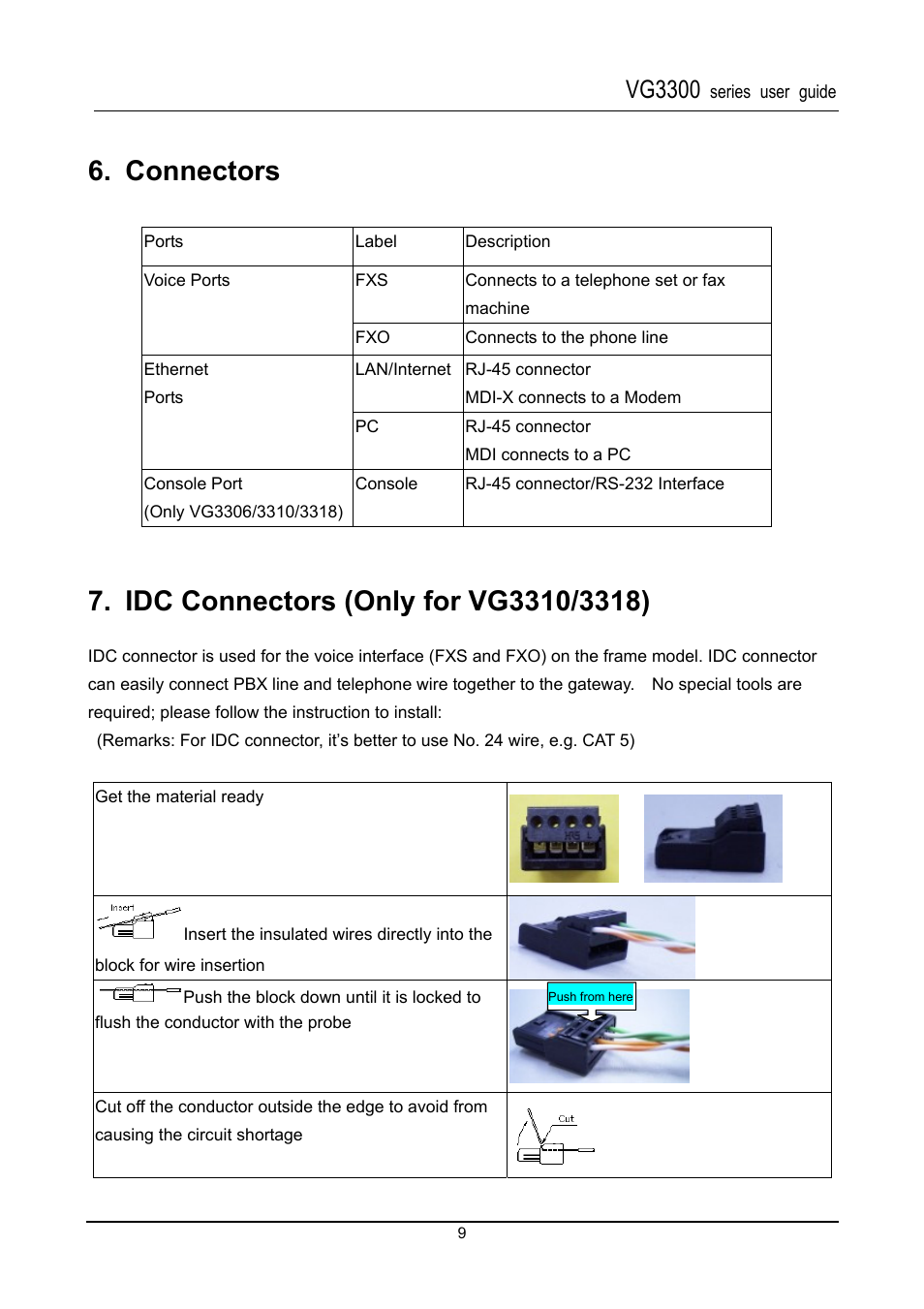 Connectors, Idc connectors (only for vg3310/3318), Vg3300 | Accton Technology SIP Gateway VG3300 Series User Manual | Page 12 / 85