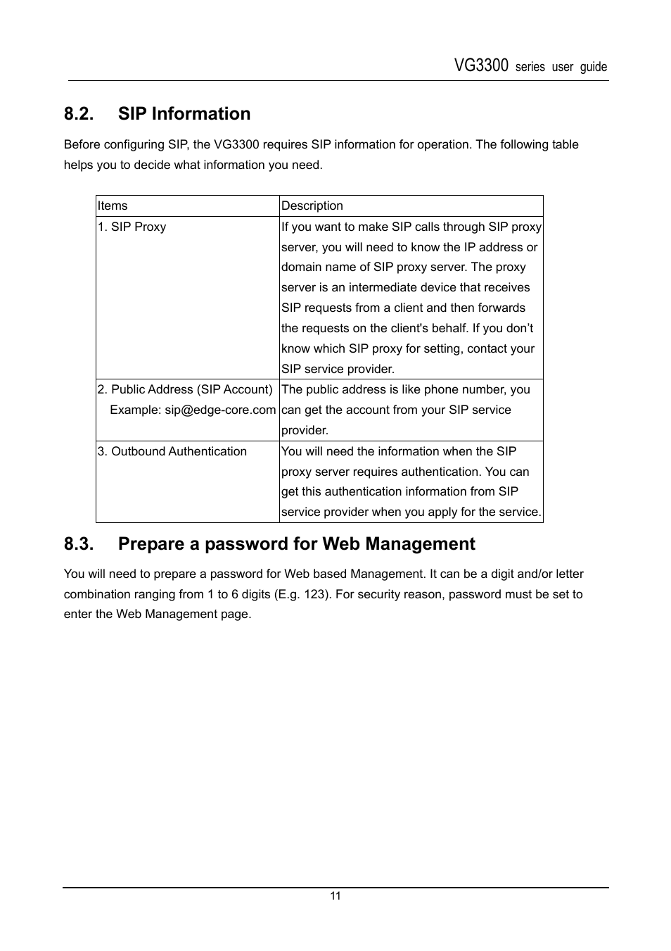 Sip information, Prepare a password for web management, Vg3300 | Accton Technology SIP Gateway VG3300 Series User Manual | Page 14 / 85