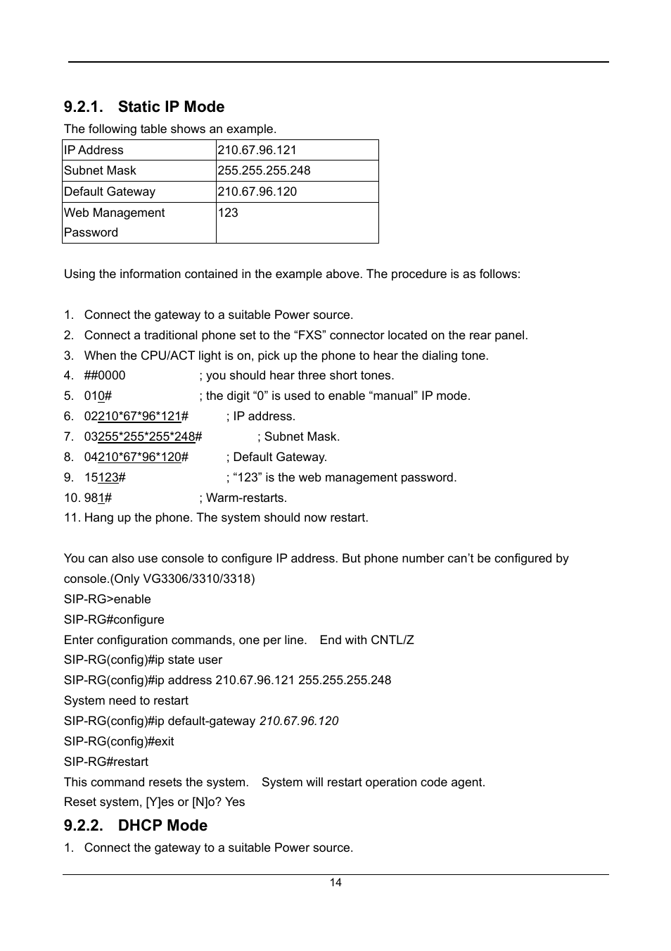 Static ip mode, Dhcp mode | Accton Technology SIP Gateway VG3300 Series User Manual | Page 17 / 85