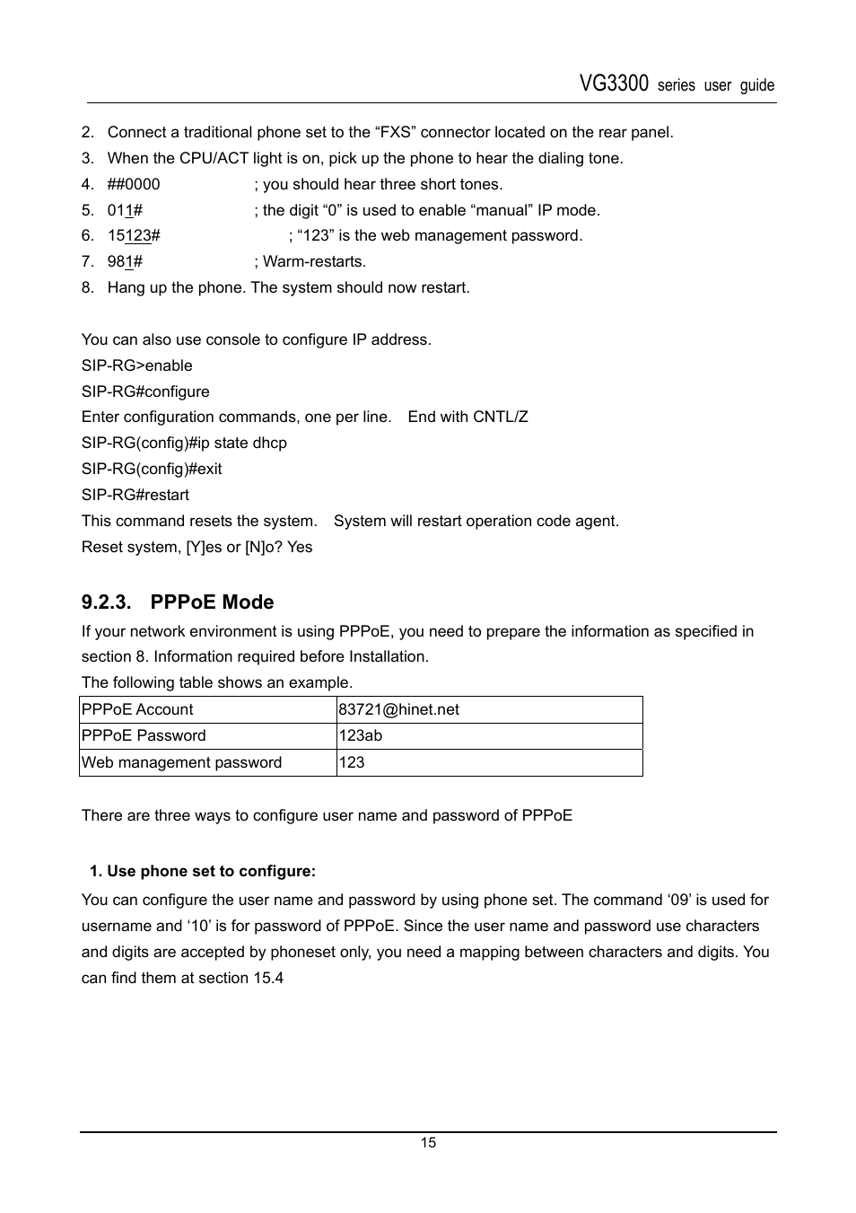 Pppoe mode, Use phone set to configure, Vg3300 | Accton Technology SIP Gateway VG3300 Series User Manual | Page 18 / 85