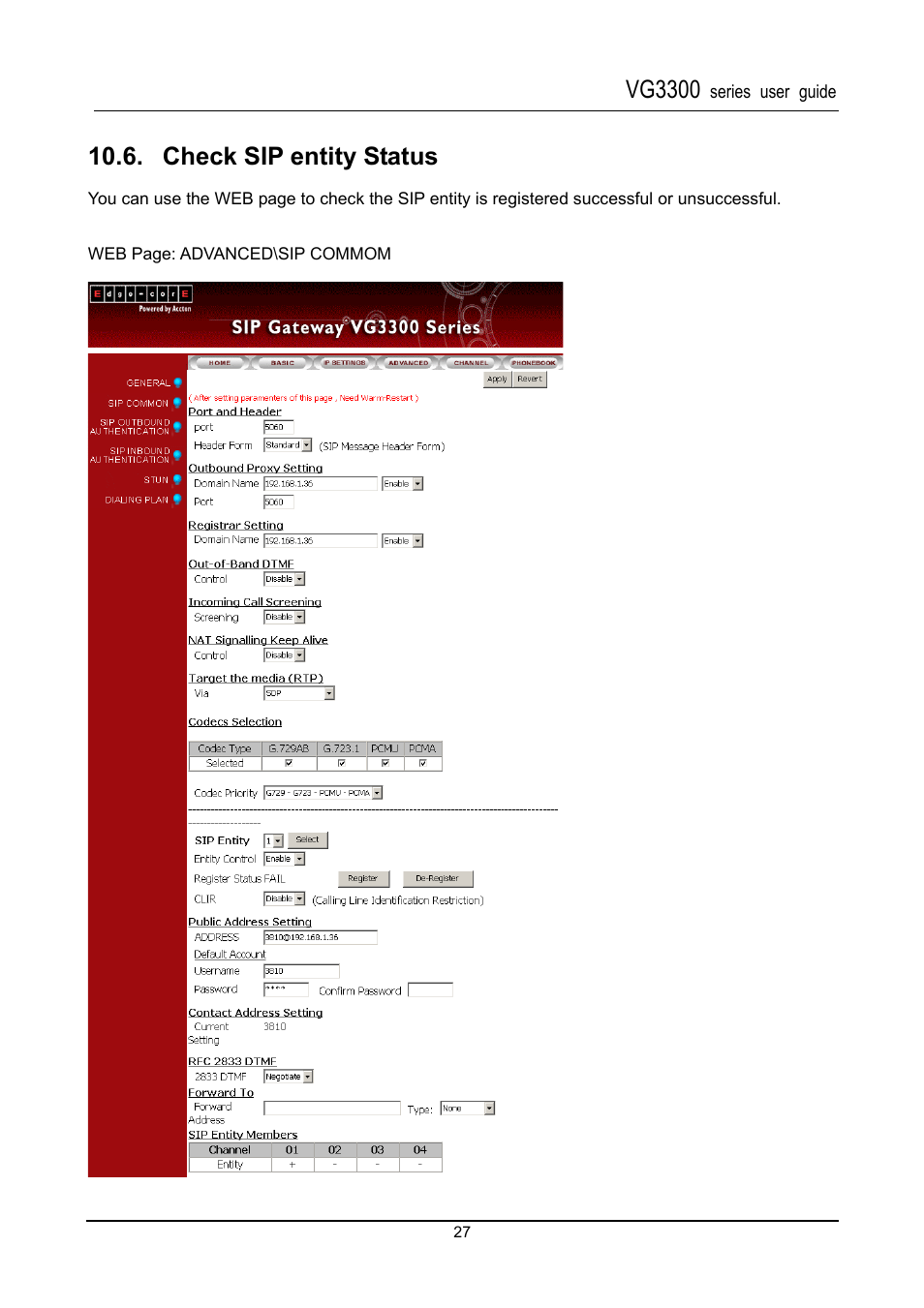 Check sip entity status, Vg3300 | Accton Technology SIP Gateway VG3300 Series User Manual | Page 30 / 85