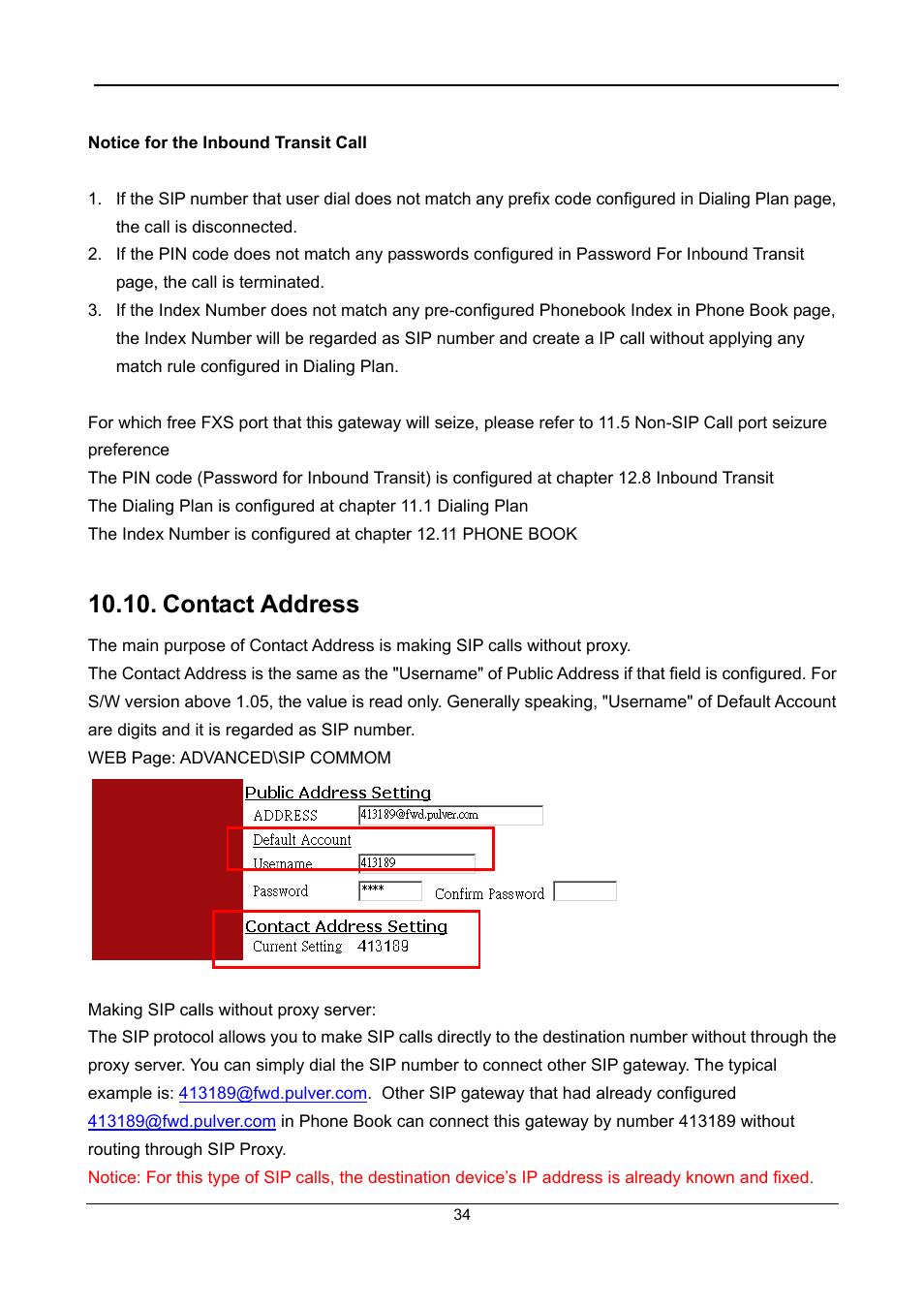 Notice for the inbound transit call, Contact address | Accton Technology SIP Gateway VG3300 Series User Manual | Page 37 / 85