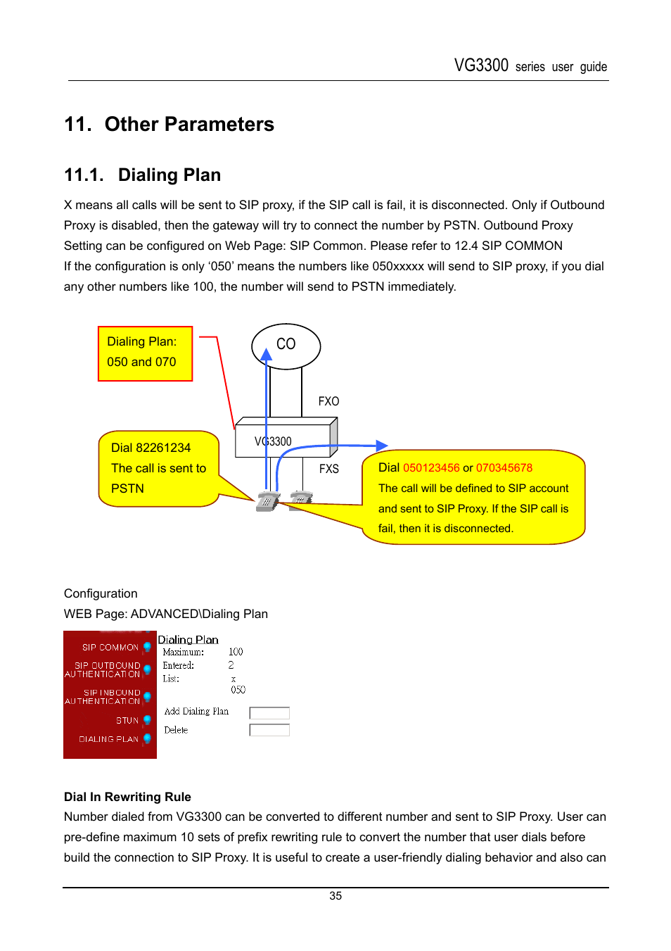 Other parameters, Dialing plan, Dial in rewriting rule | Vg3300 | Accton Technology SIP Gateway VG3300 Series User Manual | Page 38 / 85