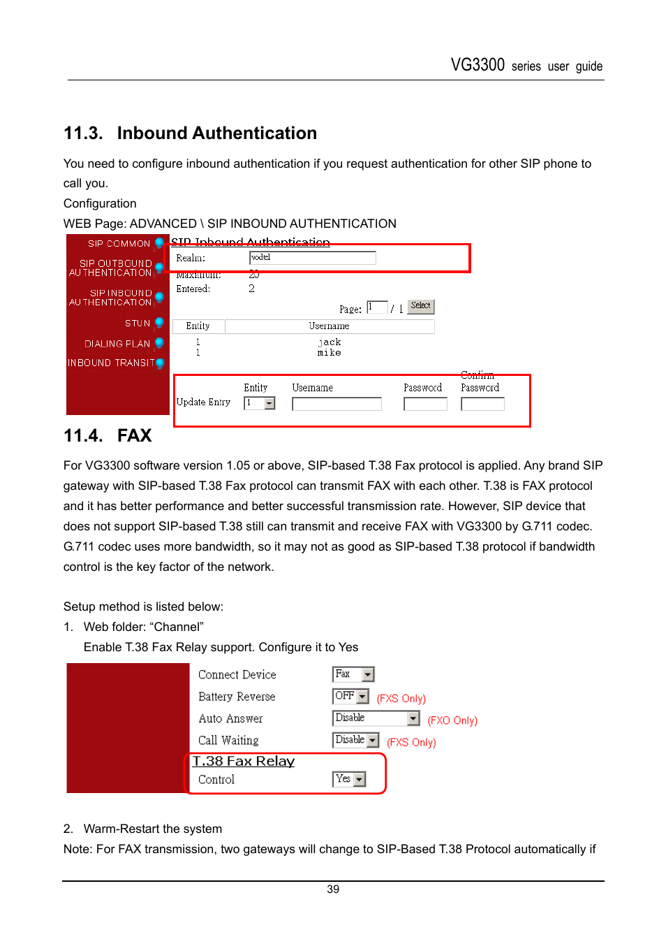 Inbound authentication, Vg3300 | Accton Technology SIP Gateway VG3300 Series User Manual | Page 42 / 85