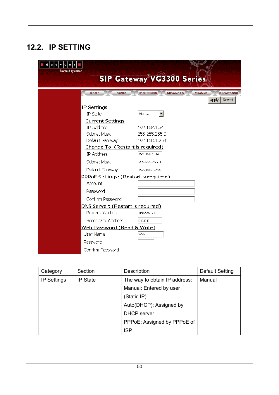 Ip setting | Accton Technology SIP Gateway VG3300 Series User Manual | Page 53 / 85