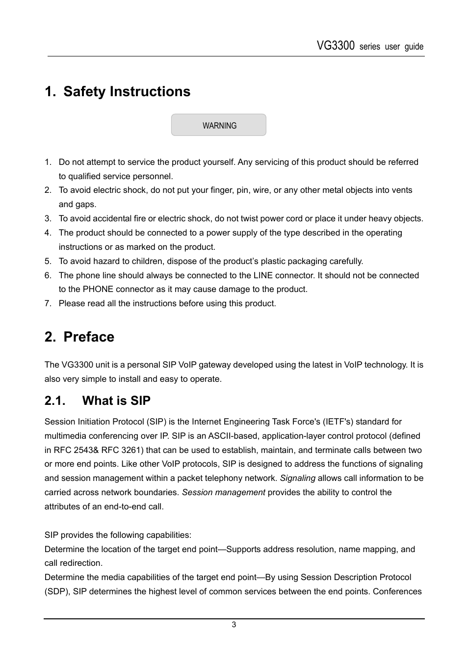 Safety instructions, Preface, What is sip | Vg3300 | Accton Technology SIP Gateway VG3300 Series User Manual | Page 6 / 85