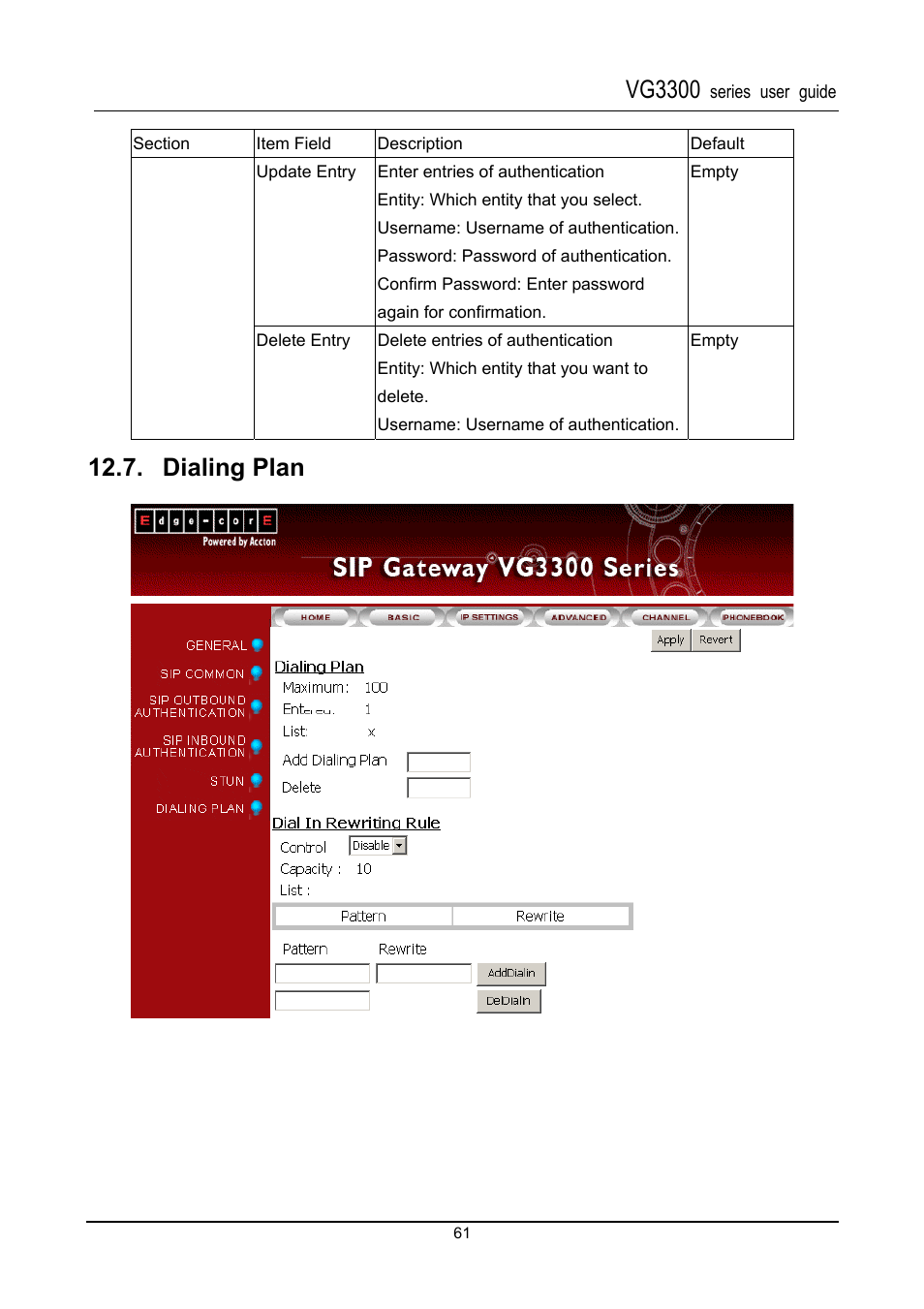 Dialing plan, Vg3300 | Accton Technology SIP Gateway VG3300 Series User Manual | Page 64 / 85