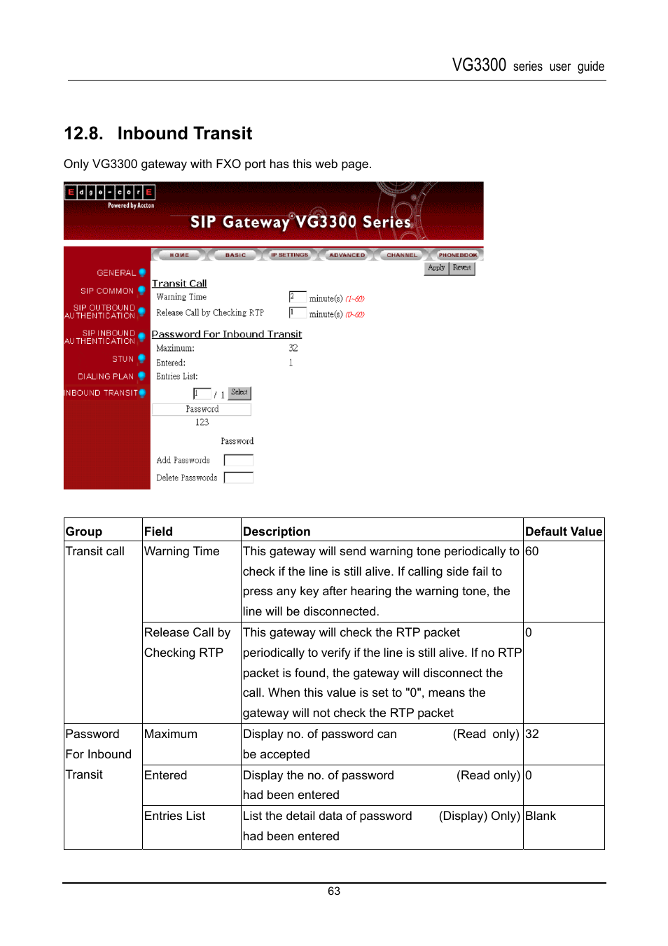 Inbound transit, Vg3300 | Accton Technology SIP Gateway VG3300 Series User Manual | Page 66 / 85