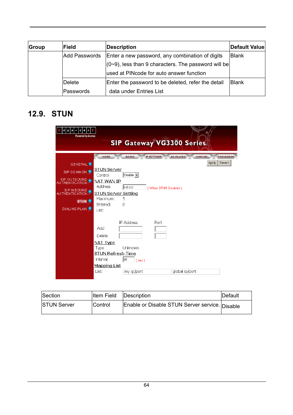 Stun | Accton Technology SIP Gateway VG3300 Series User Manual | Page 67 / 85