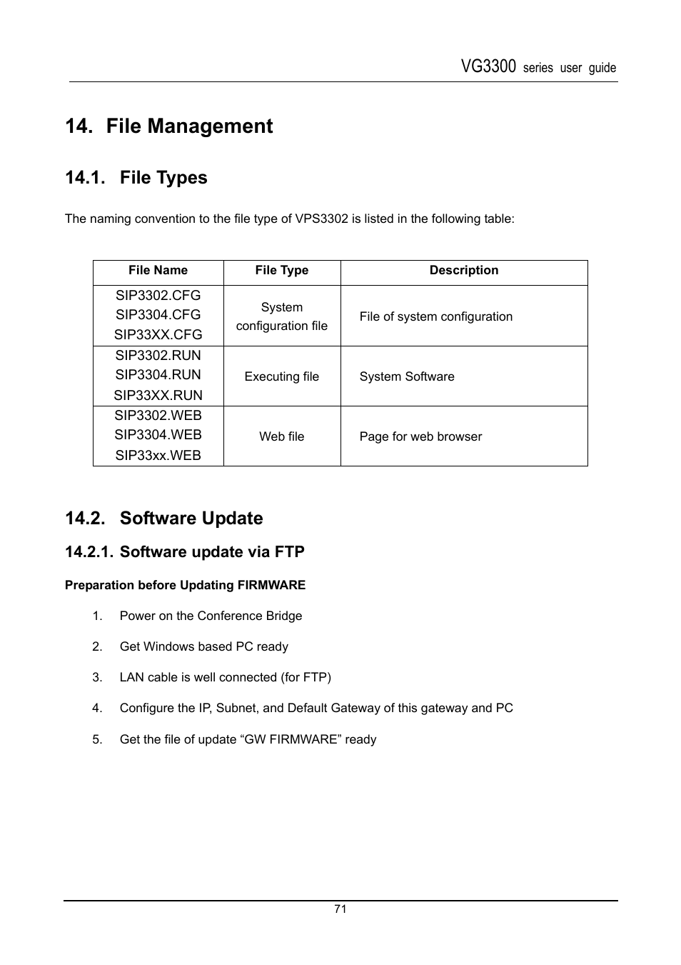 File management, File types, Software update | Software update via ftp, Vg3300 | Accton Technology SIP Gateway VG3300 Series User Manual | Page 74 / 85