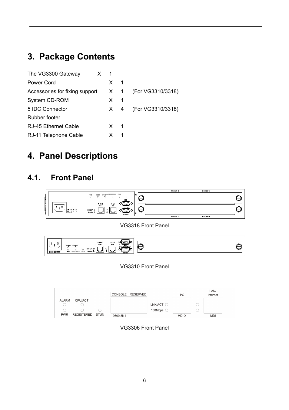 Package contents, Panel descriptions, Front panel | Accton Technology SIP Gateway VG3300 Series User Manual | Page 9 / 85