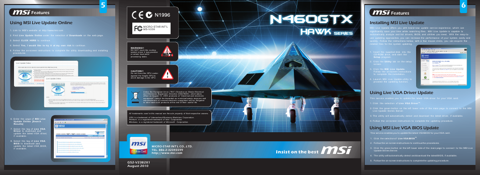 Insist on the best, Hardware, Using msi live update online features | Installing msi live update, Features, Using live vga driver update, Using msi live vga bios update | MSI N460GTX HAWK User Manual | Page 2 / 2