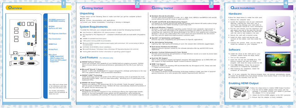 Hardware, Etting started, Uick installation | Verview, Enabling hdmi output, Card features, Unpacking, System requirements hardware, Nstalling msi live update 3, Software | MSI N430GT-MD1G/LP User Manual | Page 2 / 2