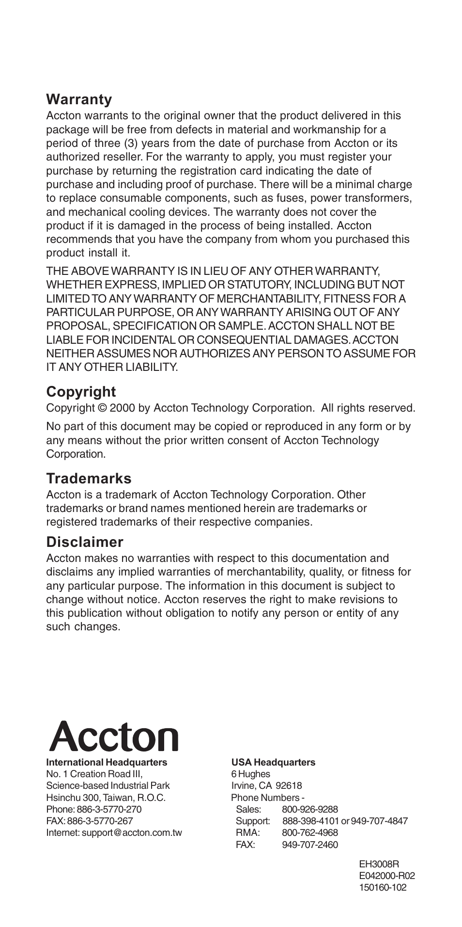 Warranty, Copyright, Trademarks | Disclaimer | Accton Technology ZILLA 3008R User Manual | Page 12 / 12