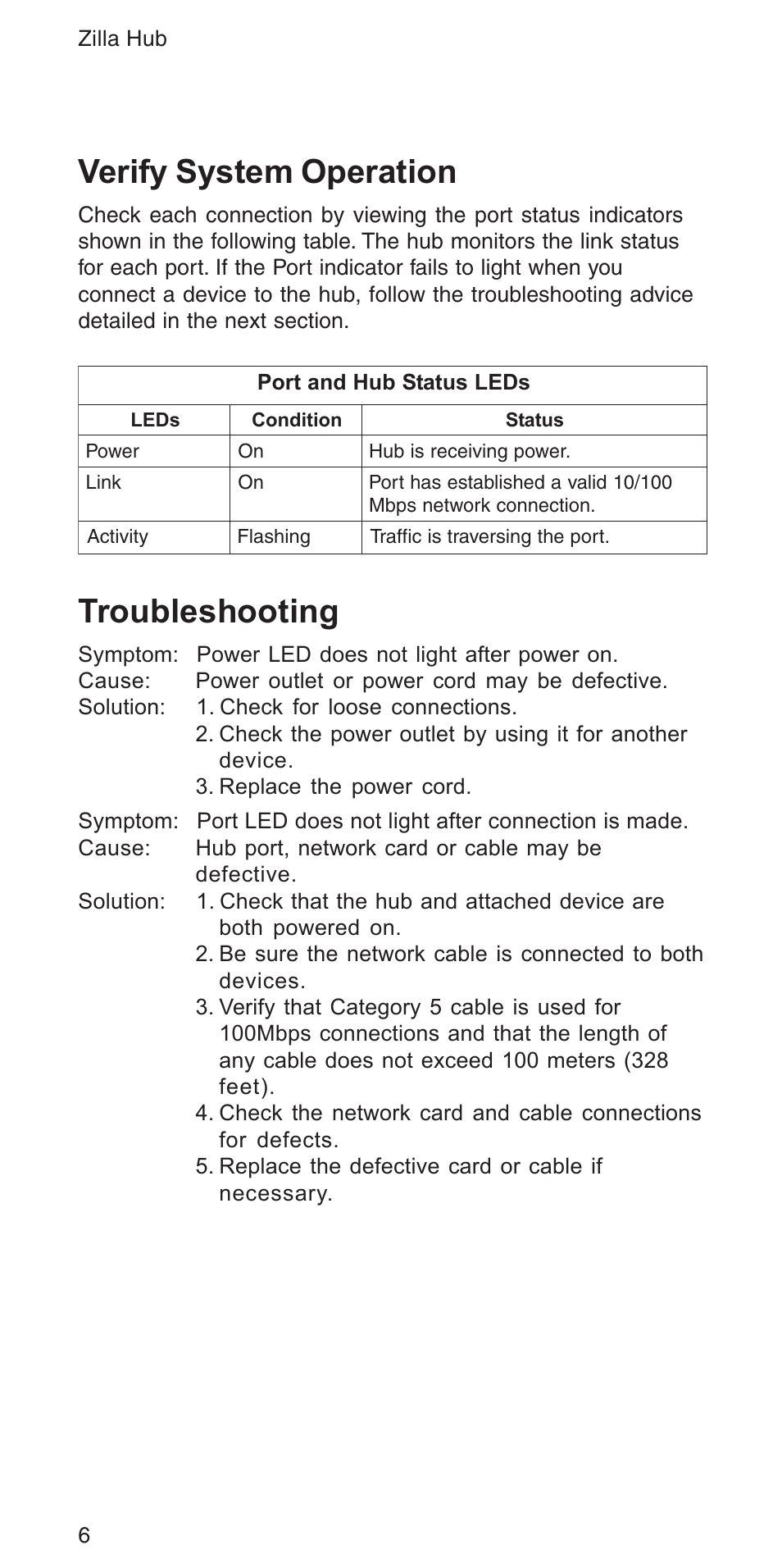 Verify system operation, Troubleshooting | Accton Technology ZILLA 3008R User Manual | Page 6 / 12