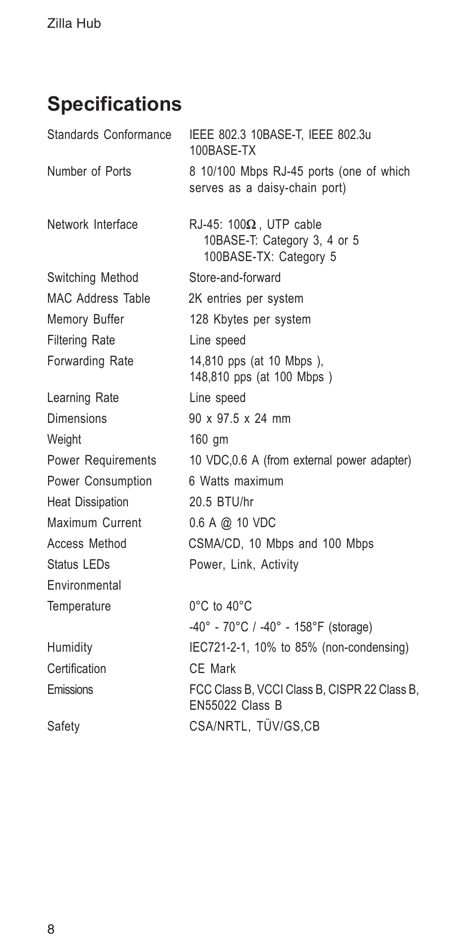 Specifications | Accton Technology ZILLA 3008R User Manual | Page 8 / 12