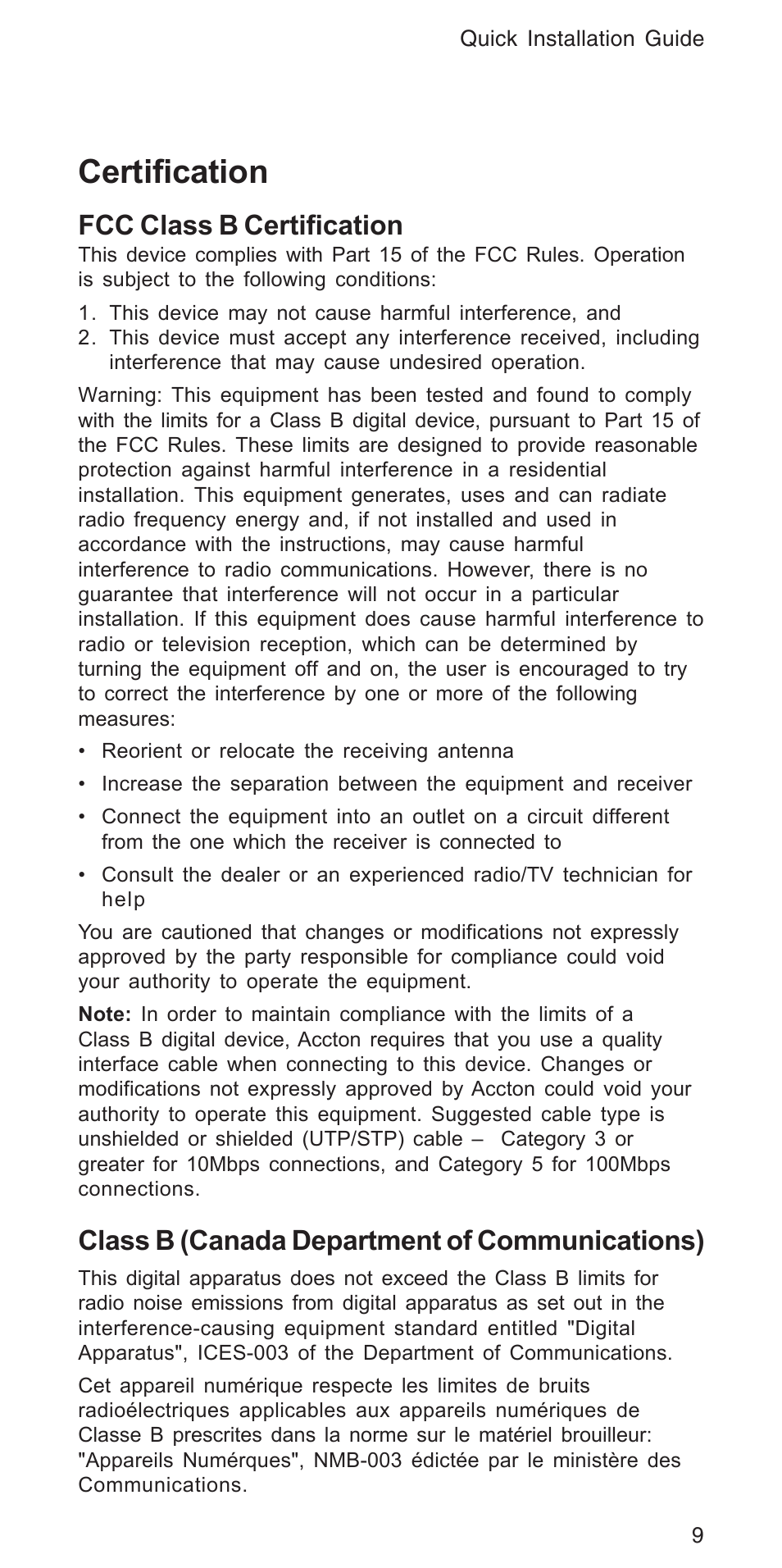 Certification, Fcc class b certification, Class b (canada department of communications) | Accton Technology ZILLA 3008R User Manual | Page 9 / 12