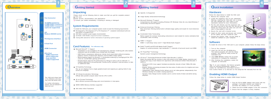 Hardware, Etting started, Uick installation | Verview, Card features, Unpacking, System requirements, Software, Enabling hdmi output | MSI R5450-MD512H User Manual | Page 2 / 2