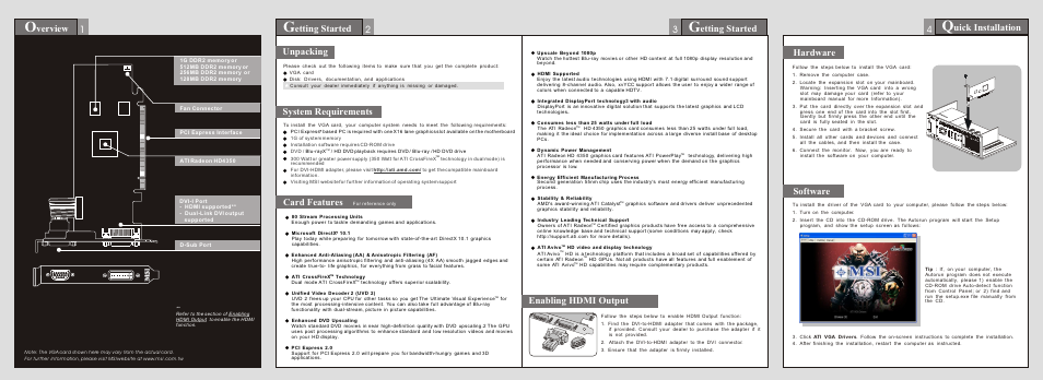 Hardware, Nstalling msi live update 3, Uick installation 4 | Software, Etting started 2 3, Etting started 1, Verview, System requirements card features, Unpacking, Enabling hdmi output | MSI R4350-MD512H User Manual | Page 2 / 2
