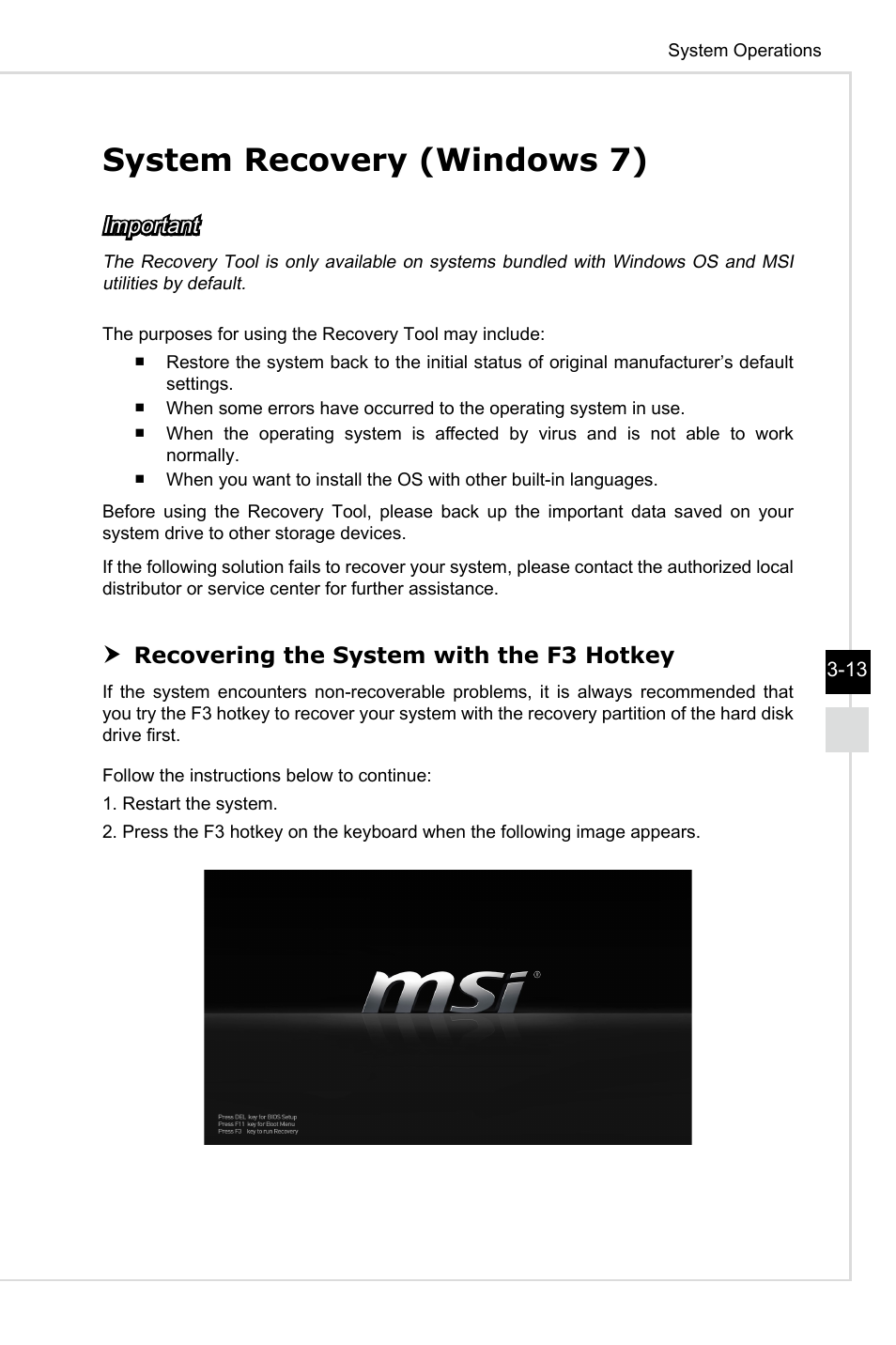 System recovery (windows 7), Important, Recovering the system with the f3 hotkey | MSI AG220 User Manual | Page 35 / 53