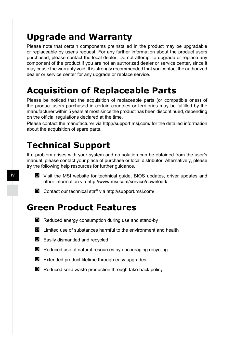 Upgrade and warranty, Acquisition of replaceable parts, Technical support | Green product features | MSI AG220 User Manual | Page 4 / 53