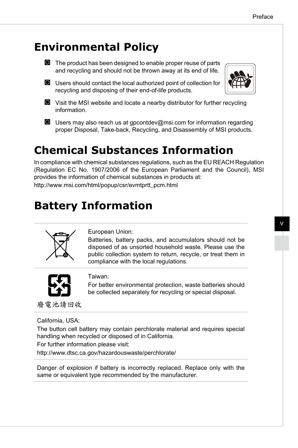 Environmental policy, Chemical substances information, Battery information | MSI AG220 User Manual | Page 5 / 53