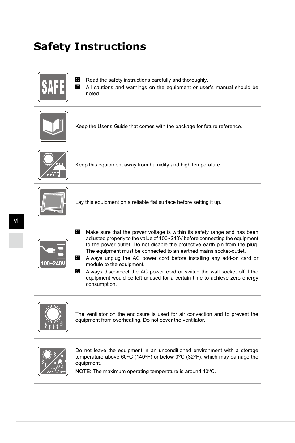 Safety instructions | MSI AG220 User Manual | Page 6 / 53