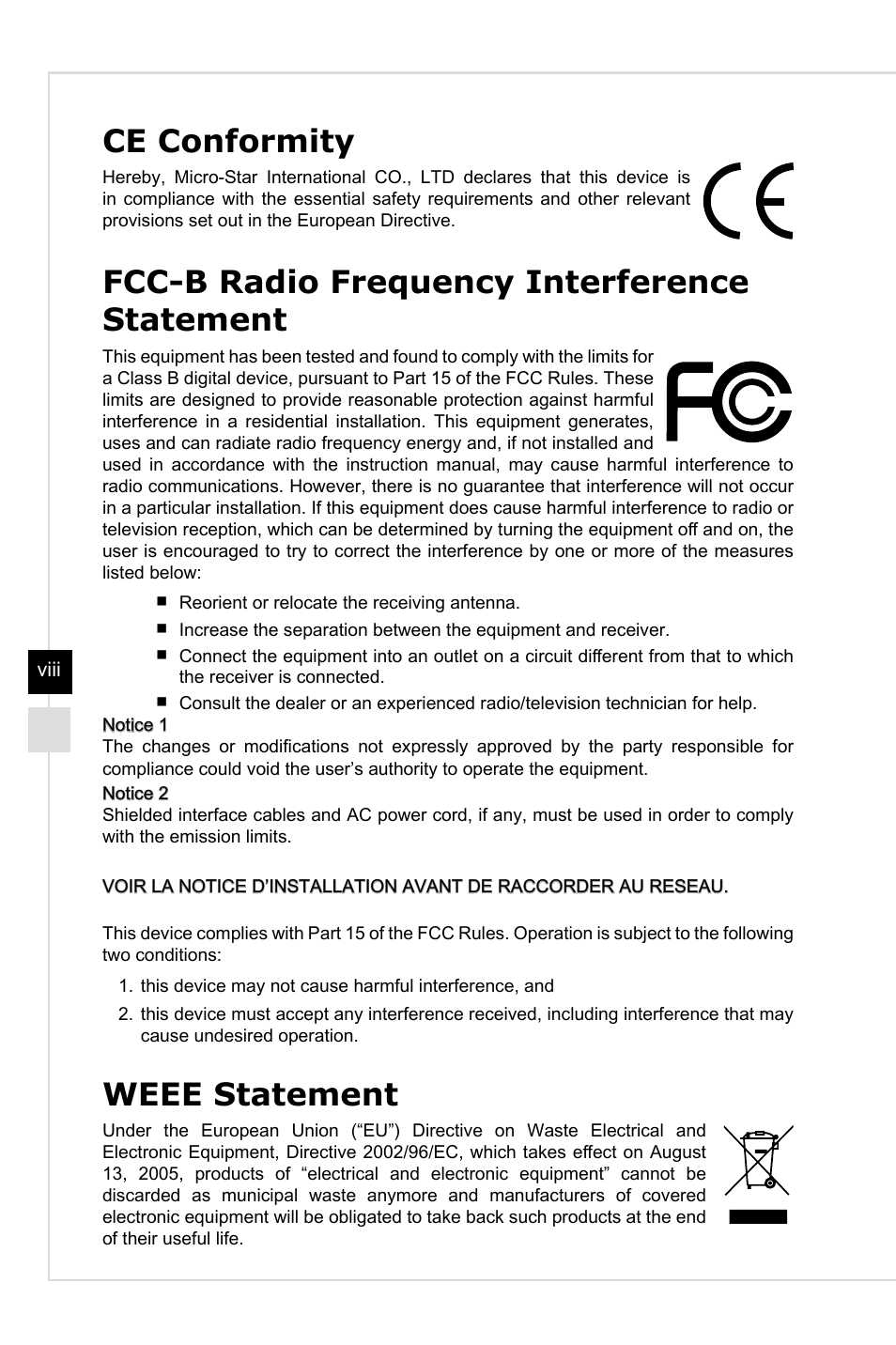 Ce conformity, Fcc-b radio frequency interference statement, Weee statement | MSI AG220 User Manual | Page 8 / 53