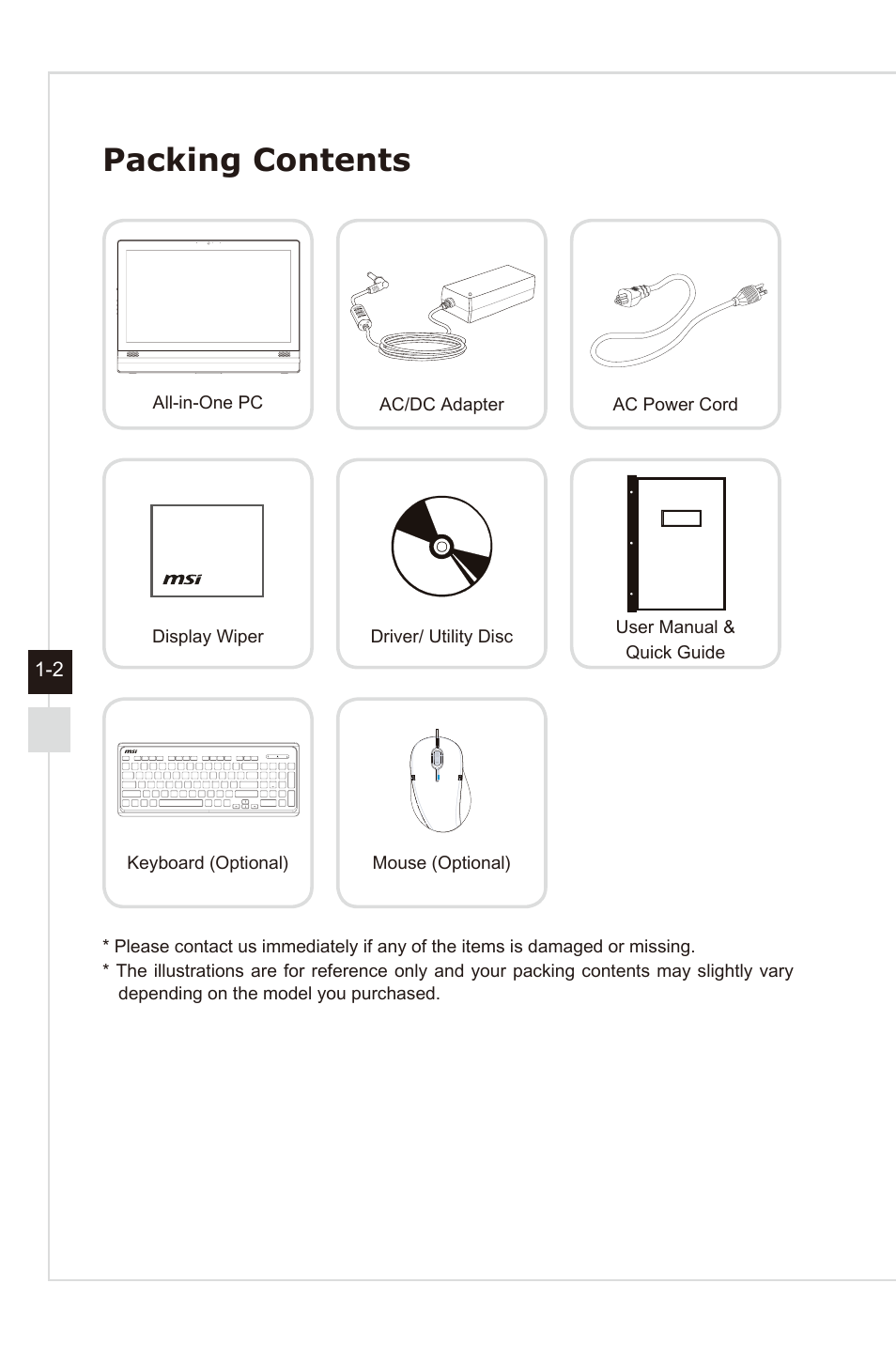 Packing contents | MSI AG240 User Manual | Page 10 / 53