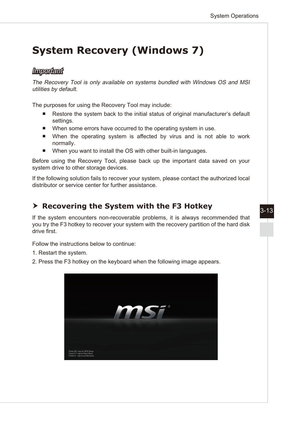 System recovery (windows 7), Important, Recovering the system with the f3 hotkey | MSI AG240 User Manual | Page 35 / 53