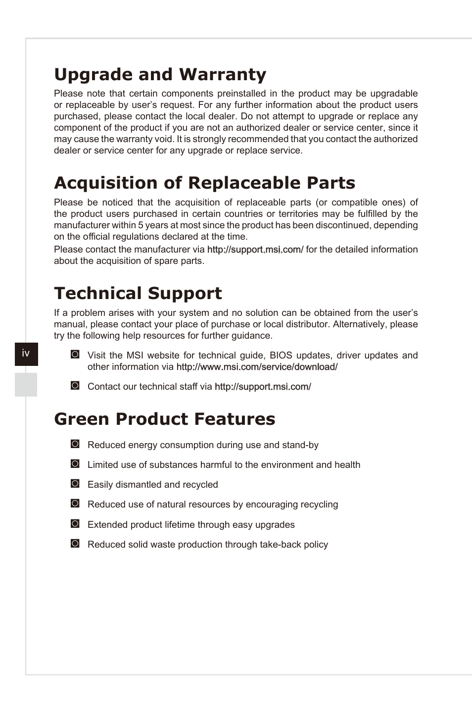 Upgrade and warranty, Acquisition of replaceable parts, Technical support | Green product features | MSI AG240 User Manual | Page 4 / 53