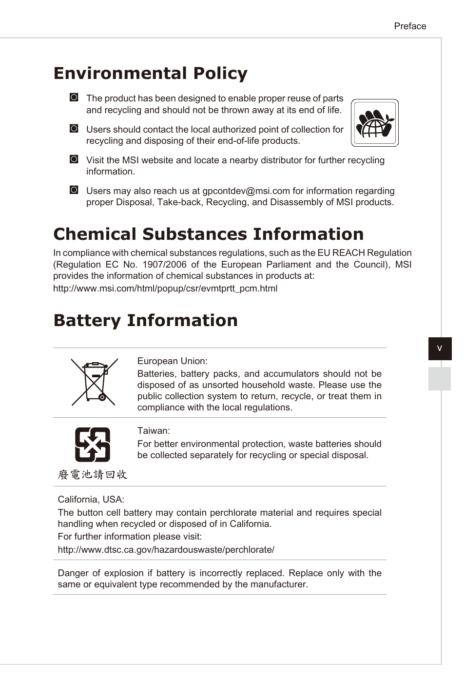 Environmental policy, Chemical substances information, Battery information | MSI AG240 User Manual | Page 5 / 53