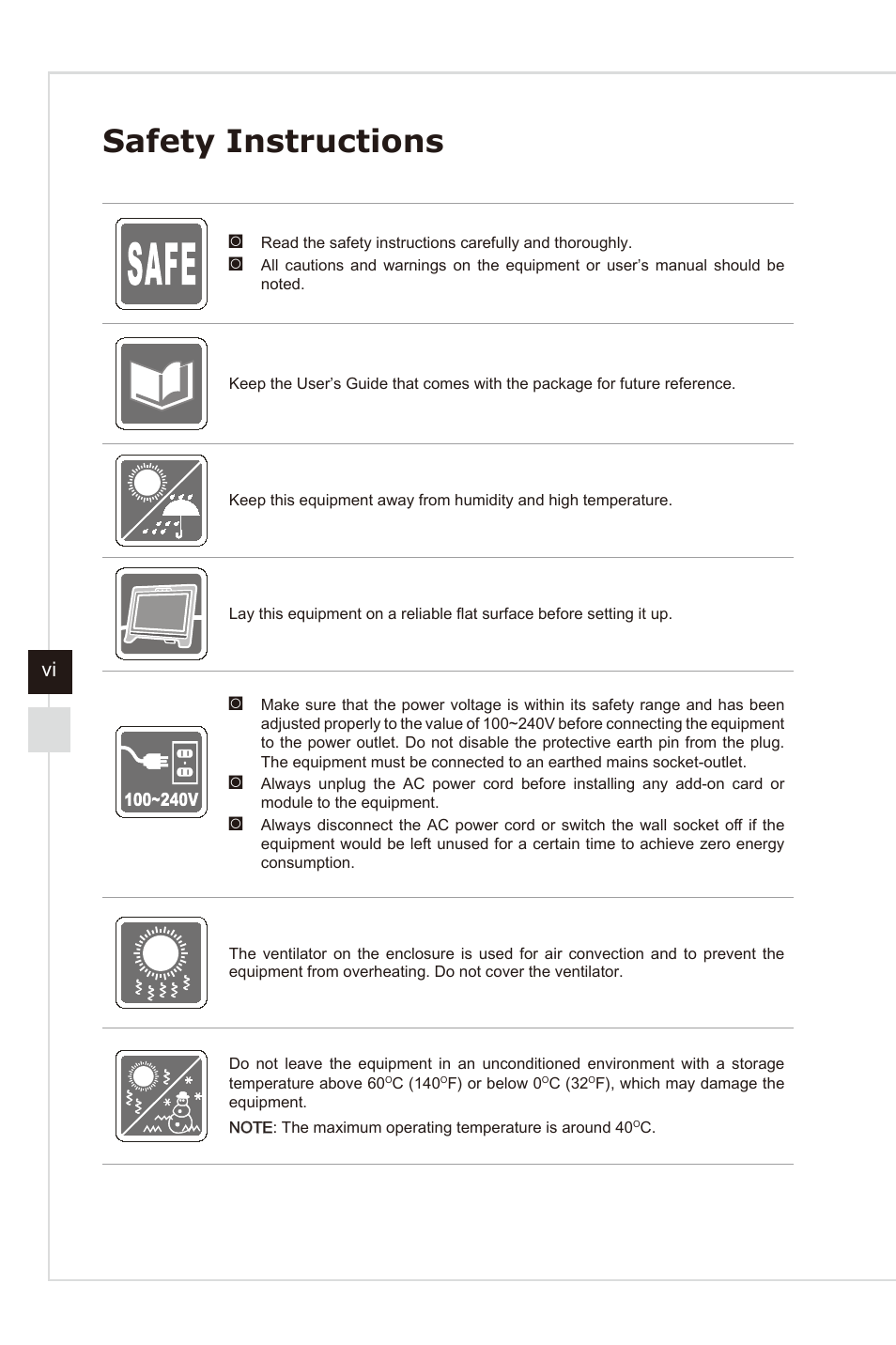 Safety instructions | MSI AG240 User Manual | Page 6 / 53