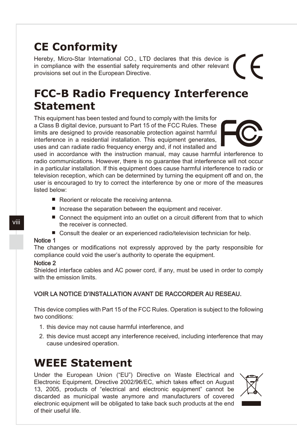 Ce conformity, Fcc-b radio frequency interference statement, Weee statement | MSI AG240 User Manual | Page 8 / 53