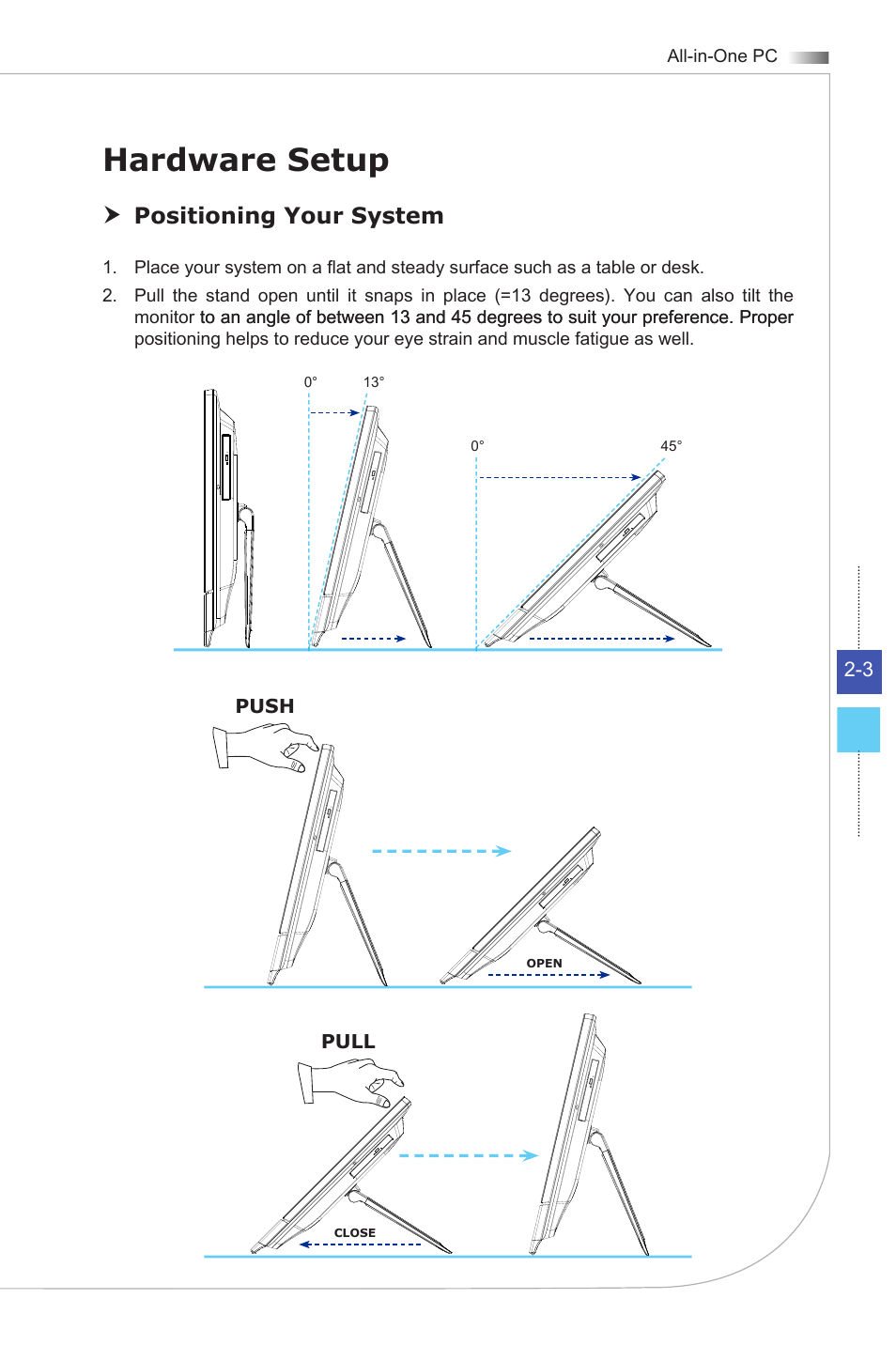 Hardware setup, Positioning your system | MSI AG270 User Manual | Page 21 / 59