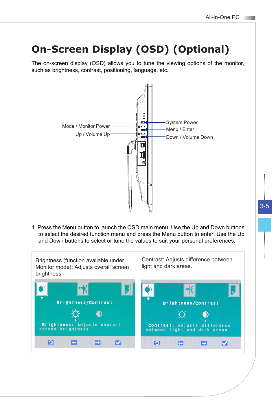 On-screen display (osd) (optional) | MSI AG270 User Manual | Page 27 / 59