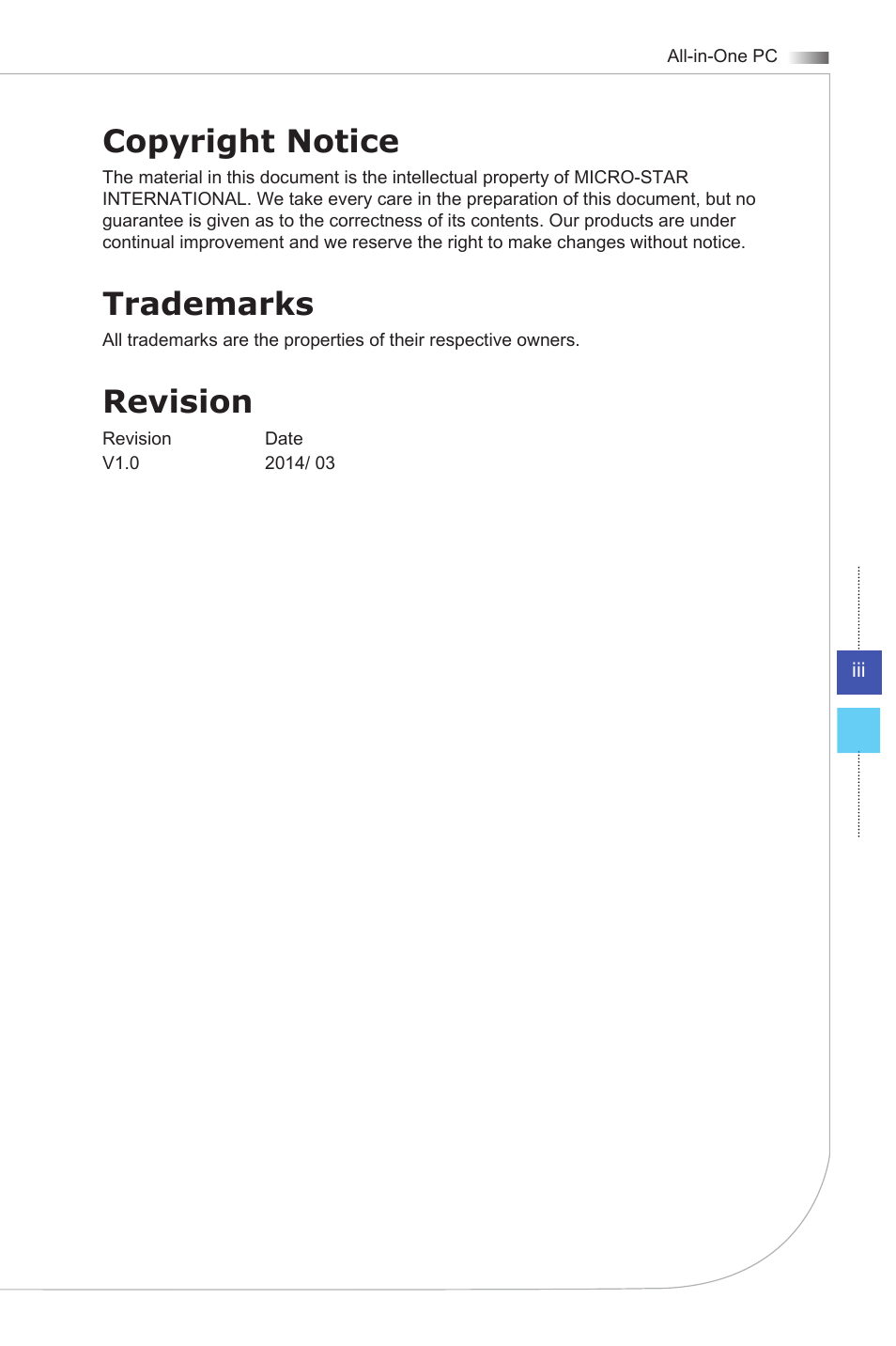 Copyright notice, Trademarks, Revision | MSI AG270 User Manual | Page 3 / 59