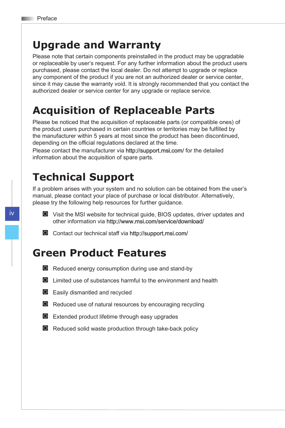 Upgrade and warranty, Acquisition of replaceable parts, Technical support | Green product features | MSI AG270 User Manual | Page 4 / 59