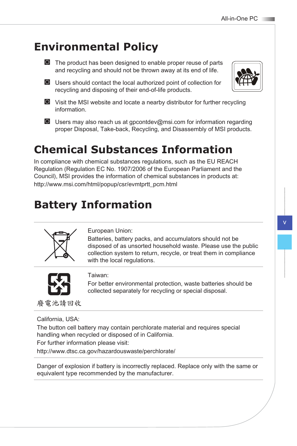 Environmental policy, Chemical substances information, Battery information | MSI AG270 User Manual | Page 5 / 59