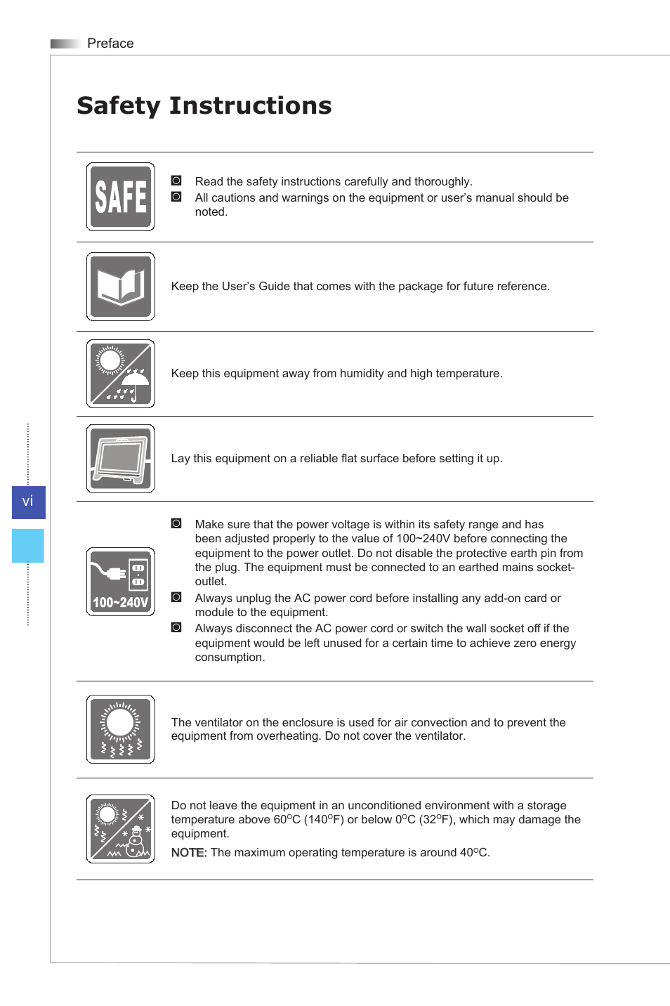 Safety instructions | MSI AG270 User Manual | Page 6 / 59